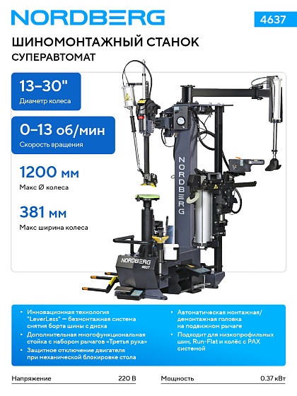 Станок шиномонтажный суперавтомат, до 30" с автоматической монтажной головкой, серый NORDBERG 4637