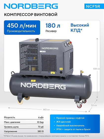 Компрессор винтовой, 4 кВт, 10 бар, 450 л/мин, ресивер 180 л, IP54 NORDBERG NCF5R
