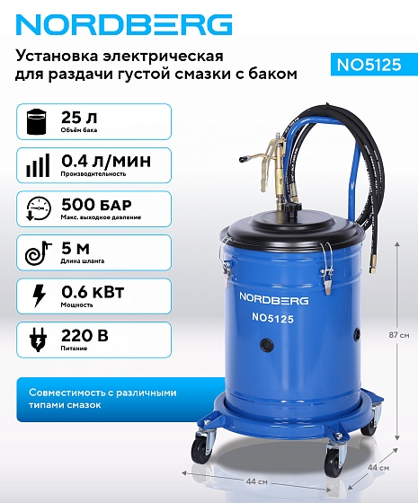 Установка электрическая для раздачи густой смазки с баком, 25 л NORDBERG NO5125