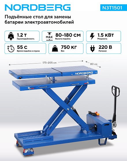 Стол подъемный электрогидравлический для АКБ электромобиля, 1200 кг NORDBERG N3T1501