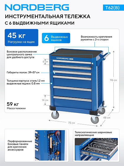 Тележка инструментальная, 6 выдвижных ящиков, синяя NORDBERG T62(B)