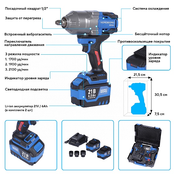 Гайковерт аккумуляторный, 1/2", 21 В, 1500 Нм, 2 аккумулятора 6 A и зарядное устройство, в кейсе NORDBERG NE806K-1/2