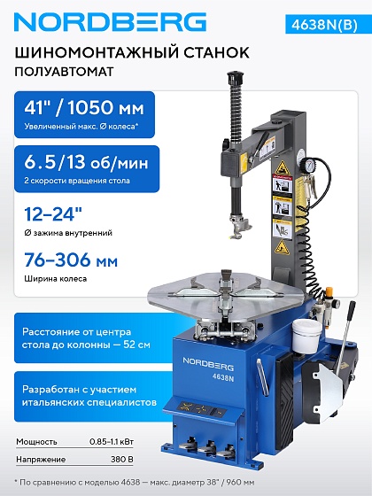 Станок шиномонтажный полуавтомат, двухскоростной, 380 В, синий NORDBERG 4638N(B) 380