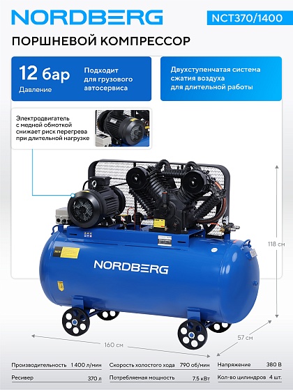 Компрессор поршневой с ременной передачей 380 В, ресивер 370 л, 1400 л/мин NORDBERG NCT370/1400