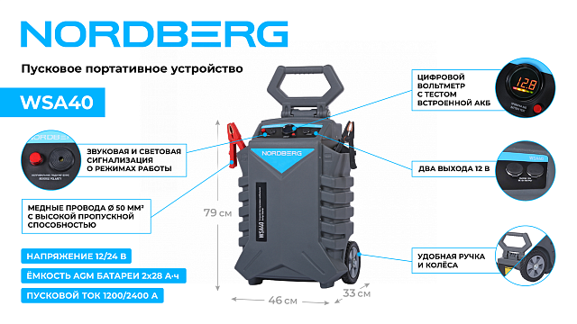 Пусковое устройство, мобильное 12/24 В, 2*28 А·ч NORDBERG WSA40