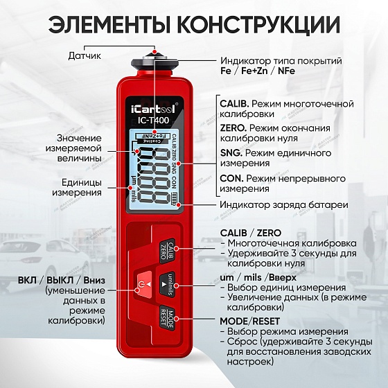 Толщиномер лакокрасочных покрытий iCartool IC-T400 iCartool IC-T400