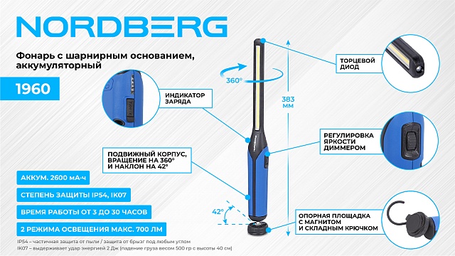 Фонарь светодиодный, с шарнирным основанием, аккумуляторный NORDBERG 1960