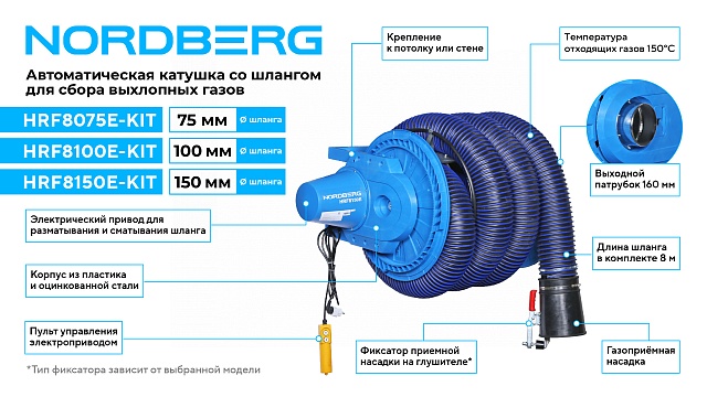 Катушка для сбора выхлопных газов с автоматическим приводом со шлангом L=8 м, D=150 мм и насадкой  NORDBERG HRF8150E-KIT