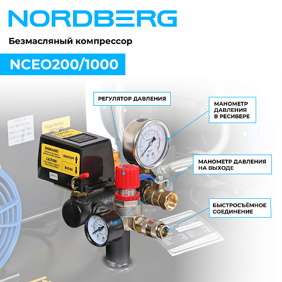 Компрессор безмасляный 380 В, ресивер 200 л, 1000 л/мин NORDBERG NCEO200/1000