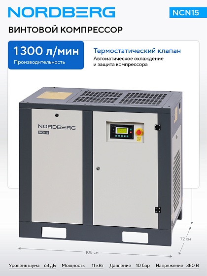 Компрессор винтовой, 11 кВт, 10 бар, 1300 л/мин, без ресивера NORDBERG NCN15