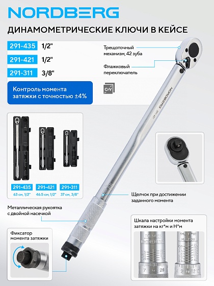 Ключ динамометрический 3/8", 19-110 Нм, в кейсе NORDBERG 291-311