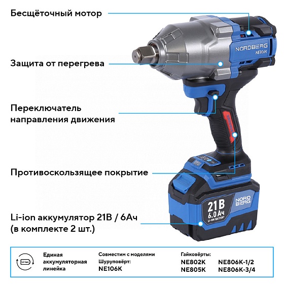 Гайковерт аккумуляторный, 3/4", 21 В, 1500 Нм, 2 аккумулятора 6 A и зарядное устройство, в кейсе  NORDBERG NE806K-3/4