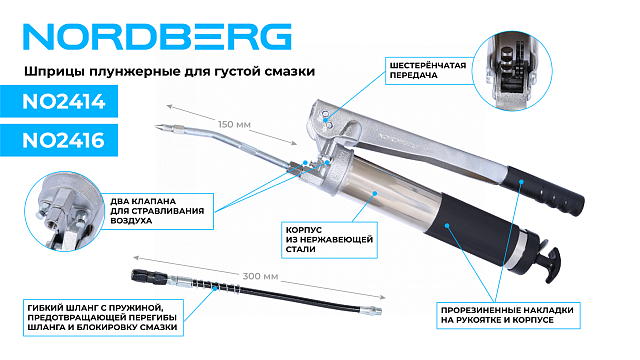 Шприц плунжерный для густой смазки с шестеренчатой передачей, 600 мл NORDBERG NO2416