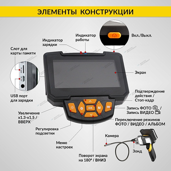 Видеоэндоскоп промышленный, 4.3", 1Мп, 1280x720, 1м, 3.9 мм сменный зонд iCartool IC-V112C