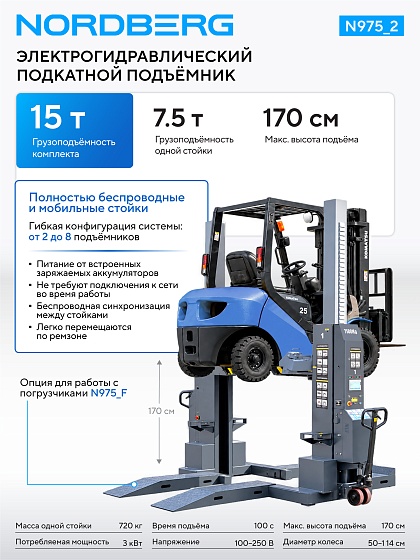 Подкатной подъёмник аккумуляторный, электрогидравлический (комплект 2 шт) NORDBERG N975_2(G)