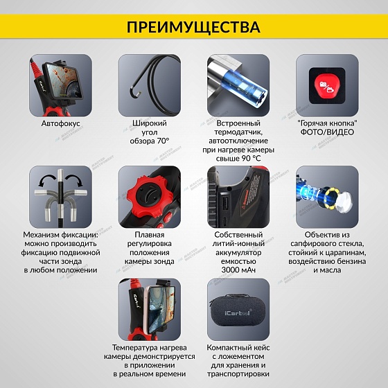 Видеоэндоскоп управляемый USB, 2Мп, 1920x1080, 1м, 6мм, 360° iCartool IC-V200