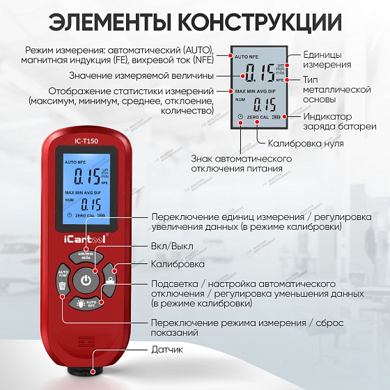 Толщиномер лакокрасочных покрытий Fe/NFe iCartool IC-T150 iCartool IC-T150